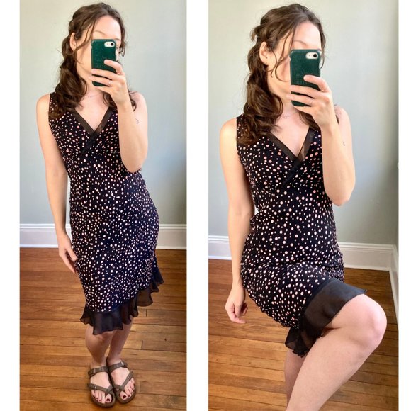 Vintage Y2K Polka Dot Black Pink Sleeveless Frilly Romantic Ruffle Dress M - Picture 1 of 12